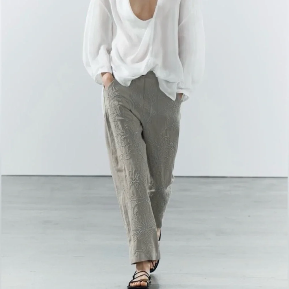 Embroidered Light Gray Linen-Blend Wide Leg Pants